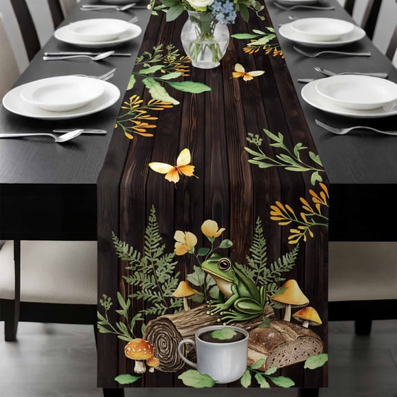 Green Frog Table Runner 36 Inches Long, Butterfly Plant Flowers Mushroom Coffee Brown Kitchen Coffee Dining Table Decoration for Home Party Birthday Wedding Home Decor 13x36 Inches