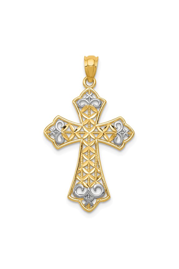 14k w/Rhodium Polished D/C Filigree Cross Pendant in 14k Yellow Gold w/ Rhodium Plating