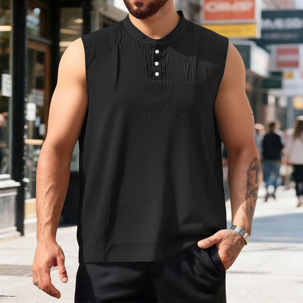 Ceisia Men's Relaxed Fit Henley Neck Sleeveless Tank Top with Chest Pocket for Casual Daily Wear Black M Gifts