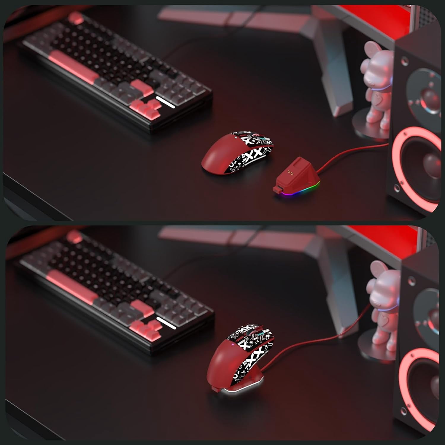 ATTACK SHARK X11 Wireless Gaming Mouse with RGB Magnetic Charging Dock, PixArt PAW3311 Sensor, Ultralight 59g Tri-Mode Gaming Mouse with Tape, Wired/2.4G/BT, 22K DPI for PC/Mac-Red&Tape