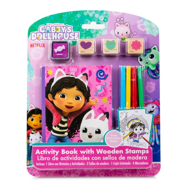 Gabby’s Dollhouse: Libro de Actividades Aws10Gd Best Trading tapa dura 1ra edición, set infantil con libro de actividades, 3 sellos de madera con formas de corazón, gota y flor, cojín entintado y 4 marcadores de colores, diseñado para fomentar creatividad y habilidades cognitivas en niños, también adecuado para actividades educativas y recreativas.