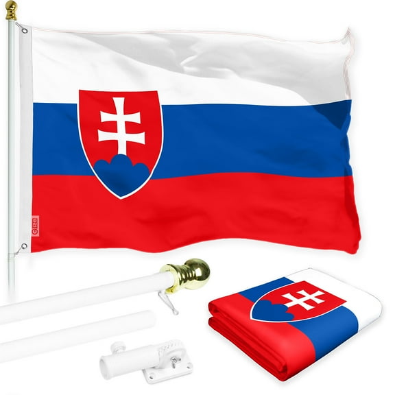 G128 Combo Pack: 6 Ft Tangle Free Spinning Flagpole (White) & Slovakia Flag 3x5 Ft Printed 150D Polyester, Brass Grommets (Flag Included) Aluminum Flag Pole