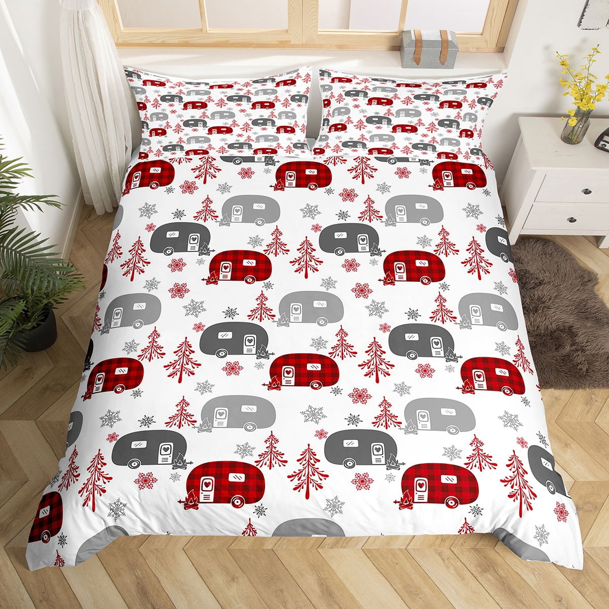 Kids Camping Themed Duvet Cover Red Camping Vehicle Print Bedding for