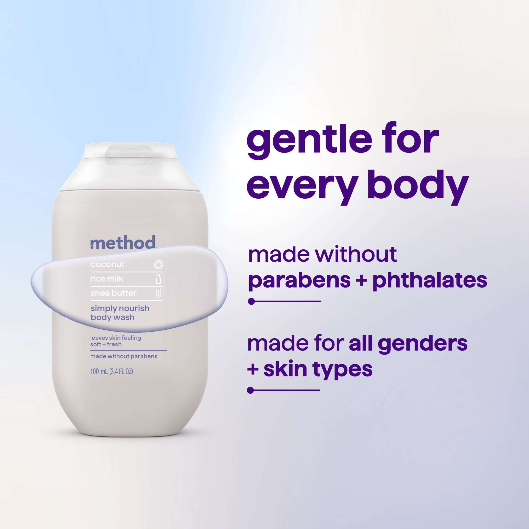 method Body Wash, Simply Nourish - Travel Size, Leaves Skin Feeling Moisturized, Made Without Parabens, Coconut, Rice Milk & Shea Butter Notes, 3.4 oz