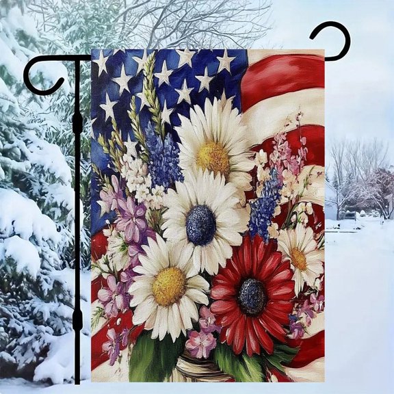 RKSupls Patriotic Linen Double Sided Garden Flag, Independence Day Themed Yard Decor, Daisy Bouquet with American Flag Backdrop Outdoor Banner for Holiday Lawn