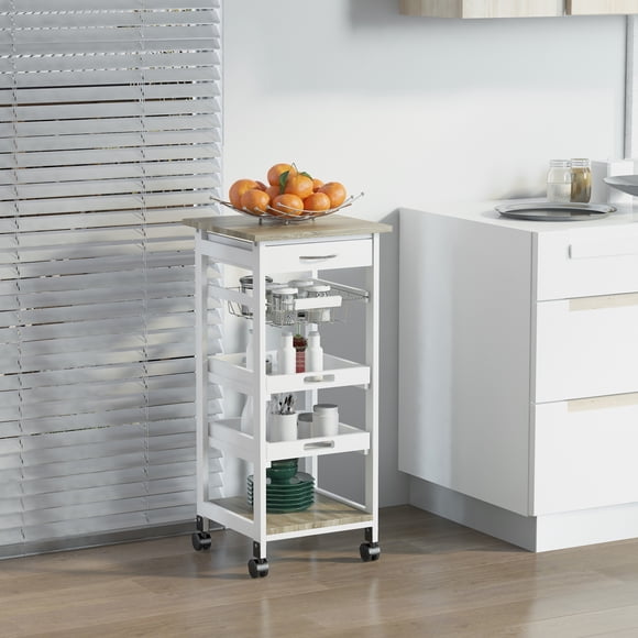 HOMCOM Îlot de Cuisine avec Tiroir, Plateau Amovible et Panier en Fil Métallique