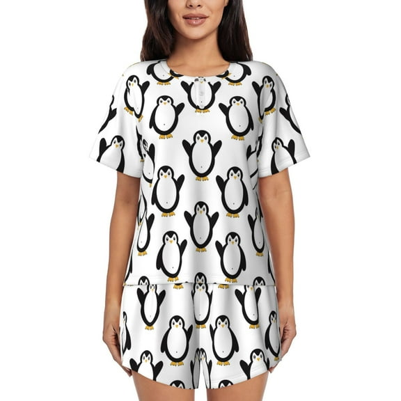 Logiee Lovely Penguin Print Womens Pajamas Set,Short-Sleeve Pajama 2 Piece Sleepwear with Pockets-Small