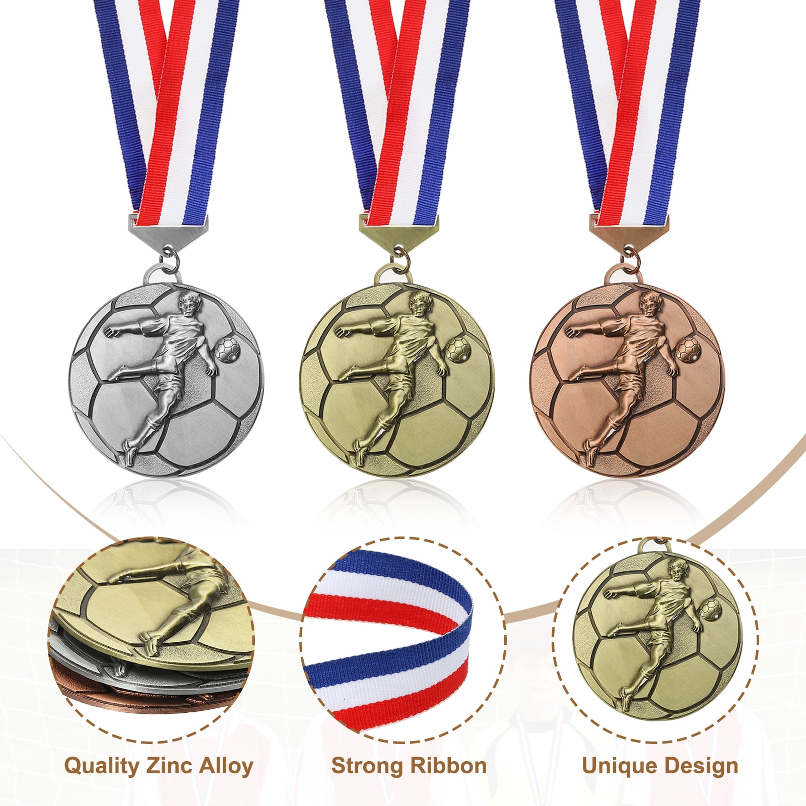 Uxcell Football Events Gold Silver Bronze Award Medals with Red & White & Blue Ribbons, 9 Pcs Winner Medals Prizes for Competitions Sports Party, Gold/Silver/Red