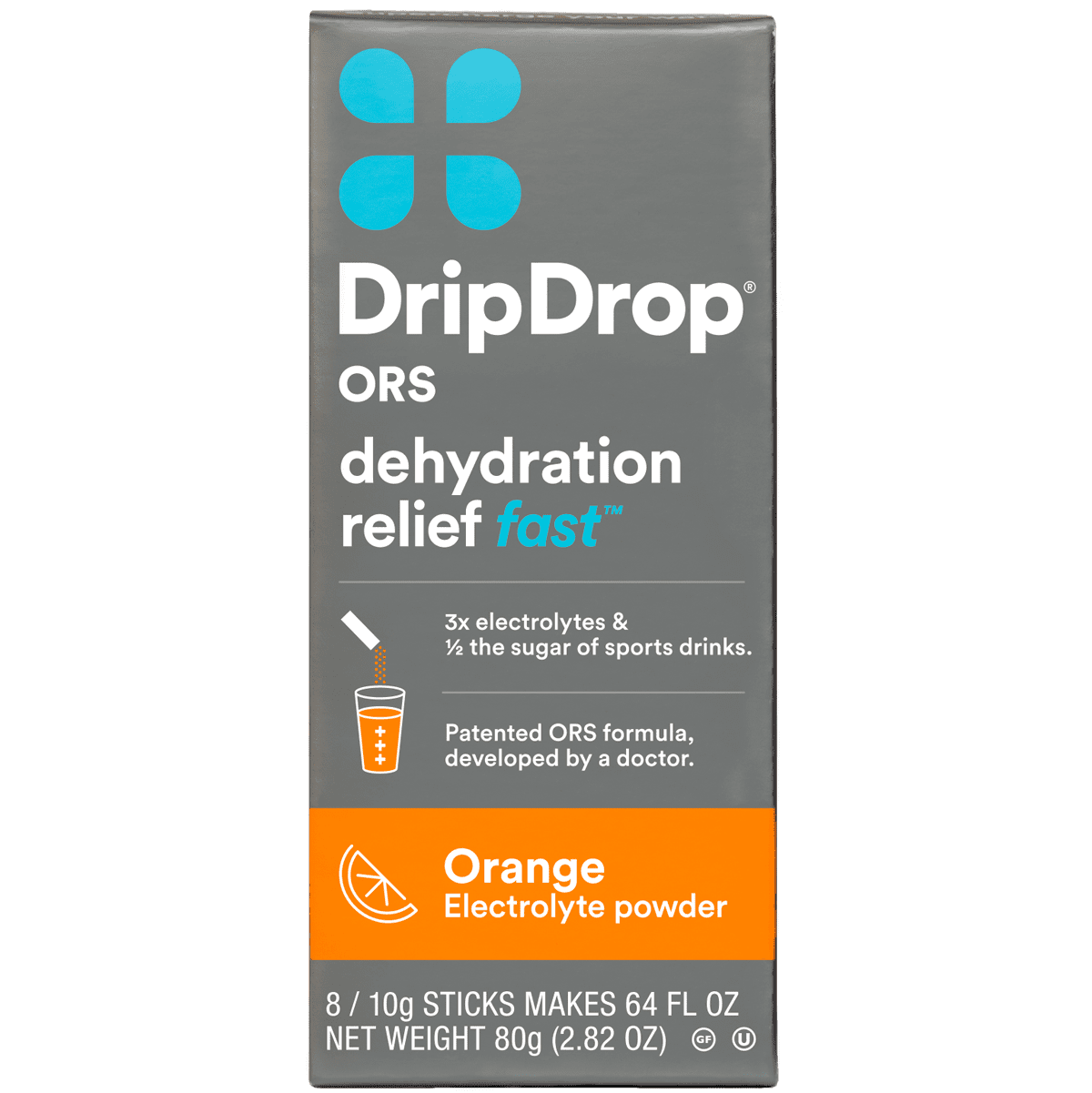 DripDrop ORS Electrolyte Hydration Powder, Orange, 10g Sticks, 8ct