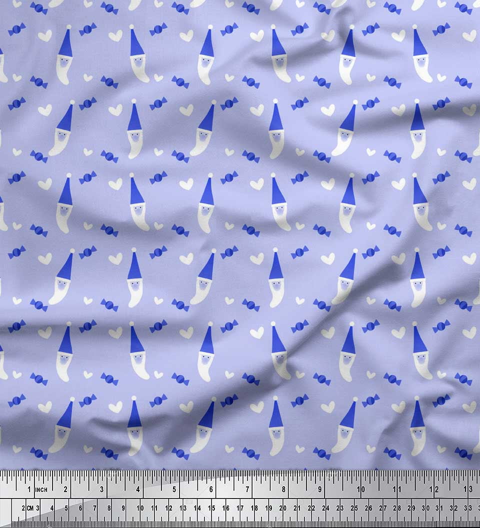 Soimoi Blue Rayon Crepe Fabric Heart,Candies & Santa Face Christmas Decor Fabric Printed Yard 46 Inch Wide