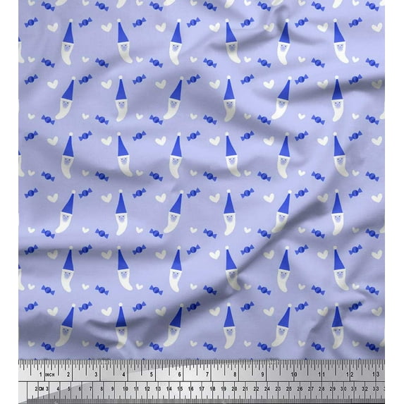 Soimoi Blue polyester Crepe Fabric Heart,Candies & Santa Face Christmas Printed Craft Fabric by the Yard 52 Inch Wide