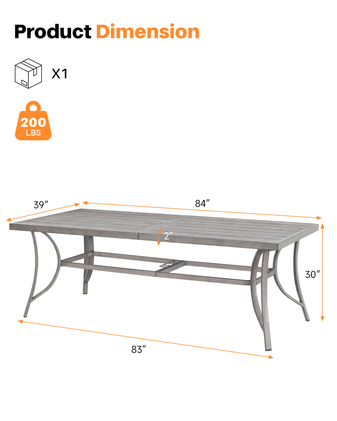 84" Outdoor Rectangle Dining Table for 8 with Umbrella Hole, Aluminum Sturdy Frame, Limed Oak