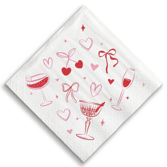 Big Dot of Happiness Drinks with the Girls Napkins, Galentine's Day or Red & Pink Bows, Hearts, Cherries Birthday Party Decor, White 3-Ply Paper Luncheon Dinner Napkins - 24 Count