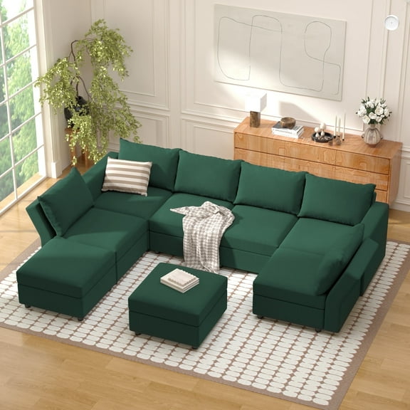 Ainfox 8 Piece Upholsterd Storage Modular Sofa Set with Ottoman, Reversible Sleeper Couches, Modular Sectional Sofa Seats Forest Green