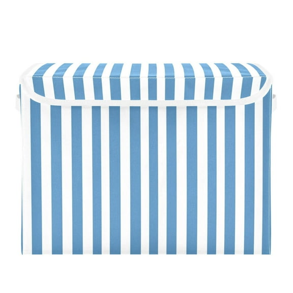 Blue-white Narrow Stripes Foldable Storage Bin with Lid and Handle Collapsible Storage Box 16.5 x 12.6 x 11.8 inches