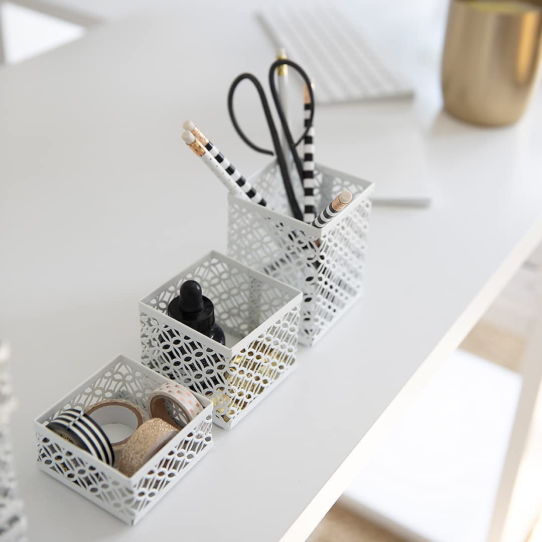 Blu Monaco Office Supplies White Desk Accessories for Women-6 Piece Interlocking Stylish Desk Organizer Set- Pen Cup, 3 Accessory Trays, 2 Letter Trays-White Office Paper Tray Holder