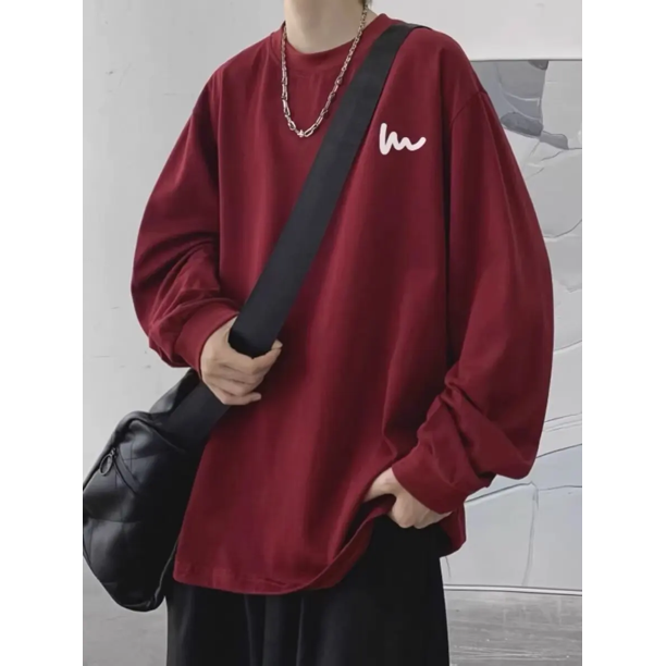 Camiseta de manga larga blanca de moda para hombre, camiseta de capa base holgada, estilo coreano, cuello redondo grueso interior, moda