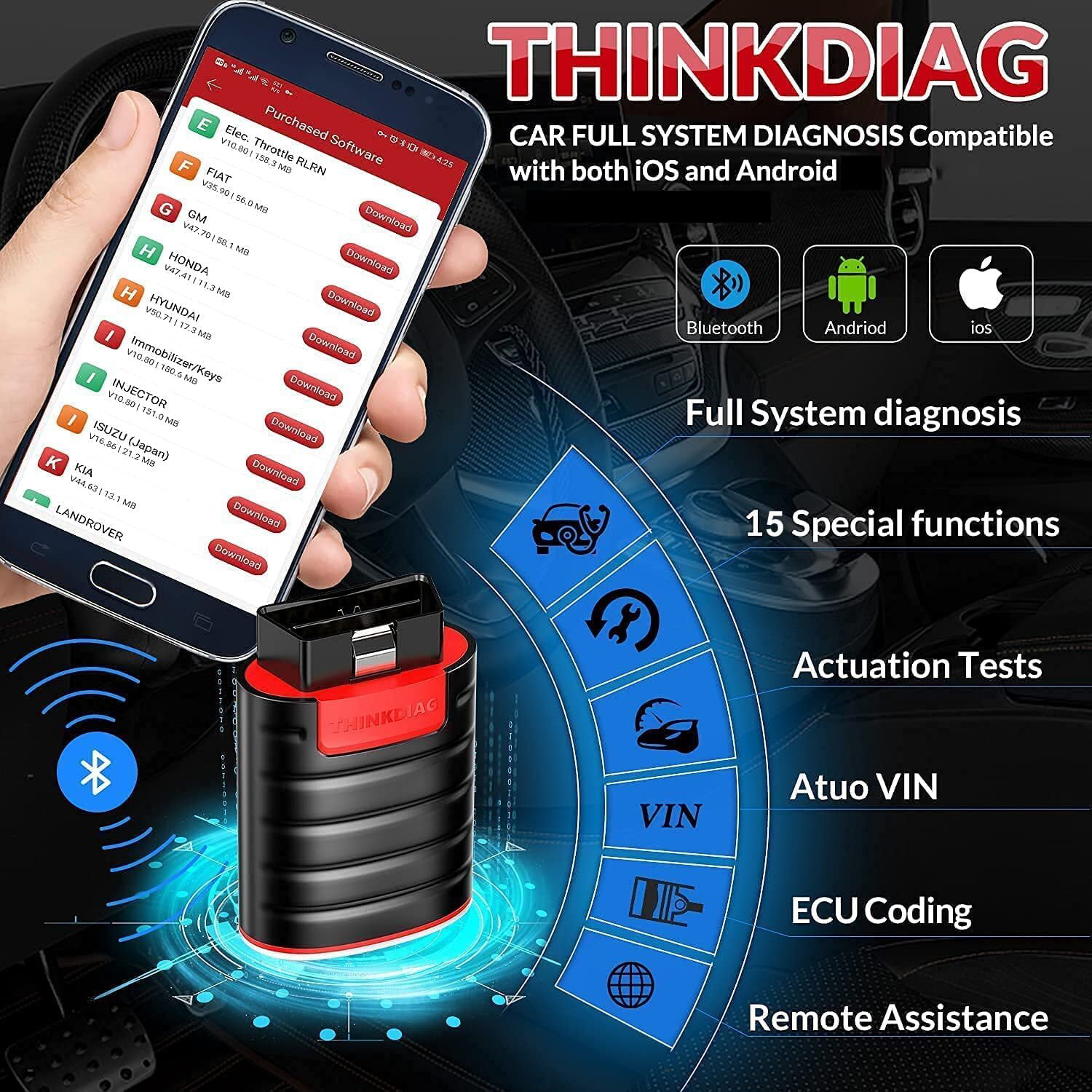 ThinkDiag Diagnostic Scan Tool Code Reader Active Test All Systems Diagnose ECU Coding thinkcar Bidirectional Bluetooth OBD2 Scanner TPMS Activate Tool 16 Service Functions for iPhone & Android 