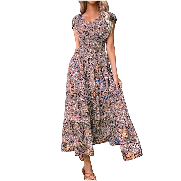 chinese dress ladies Deep V-Neck Boho Maxi Dress – Pink Floral Sleeveless A-Line Dress in Pink | Women's Boho Fashion | XL main image 0