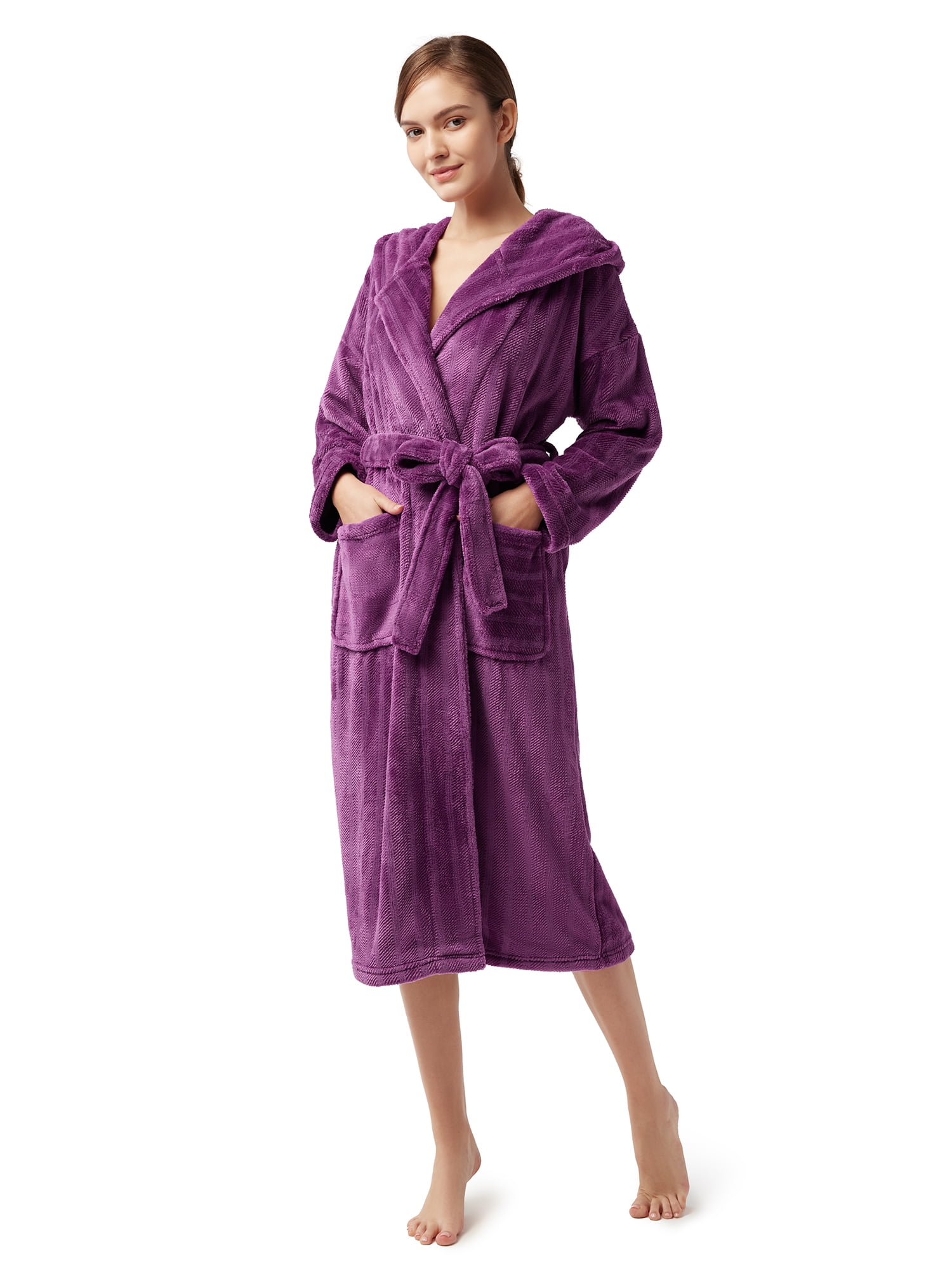 Whear Robe Womens Shawl Collar Hooded Bathrobe Sleepwear Plain Long Sleeve Loungewear Pajama Nightgown 