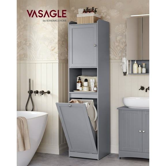 Tall Bathroom Cabinet with Laundry Basket, Removable Laundry Basket with Handles, Compartment with Door, Linen Tower, 15.8 x 15.8 x 66.9 Inchees, Dove Gray