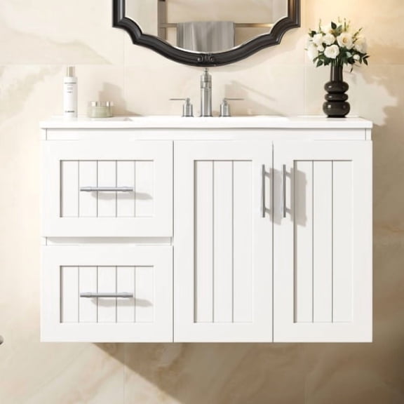 Taoruifang white 36'' Wall Mounted Bathroom Vanity,Floating Bathroom Storage Cabinet with 2 Drawers