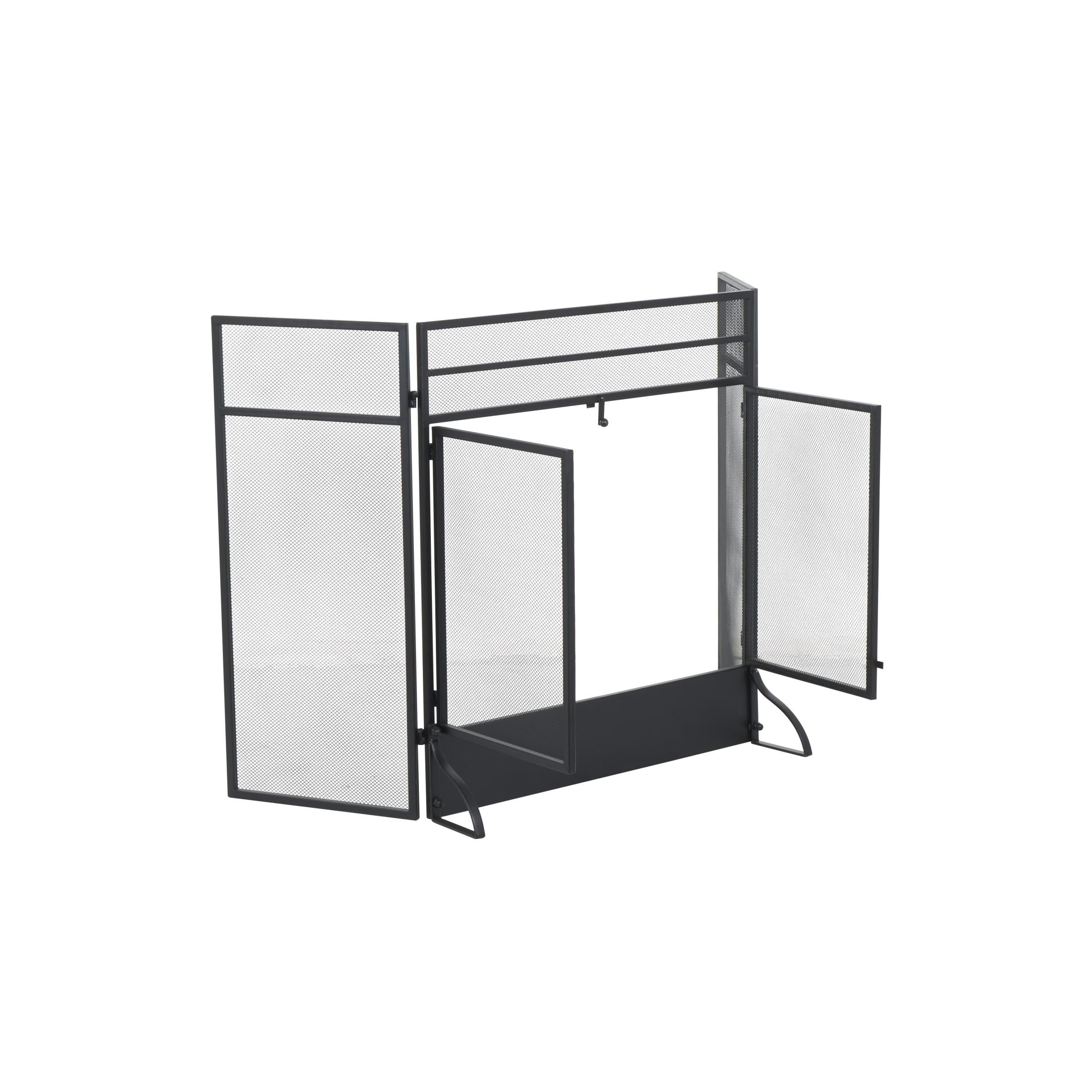 DecMode 27" x 30" Black Metal 3 Panel and 2 Door Geometric Fireplace Screen with Mesh Backing, 1-Piece