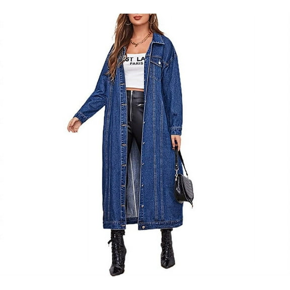 Chouyatou Women's Casual Fashion Spring Button Down Midi Long Lapel Collar Denim Jean Jacket Trench Coat