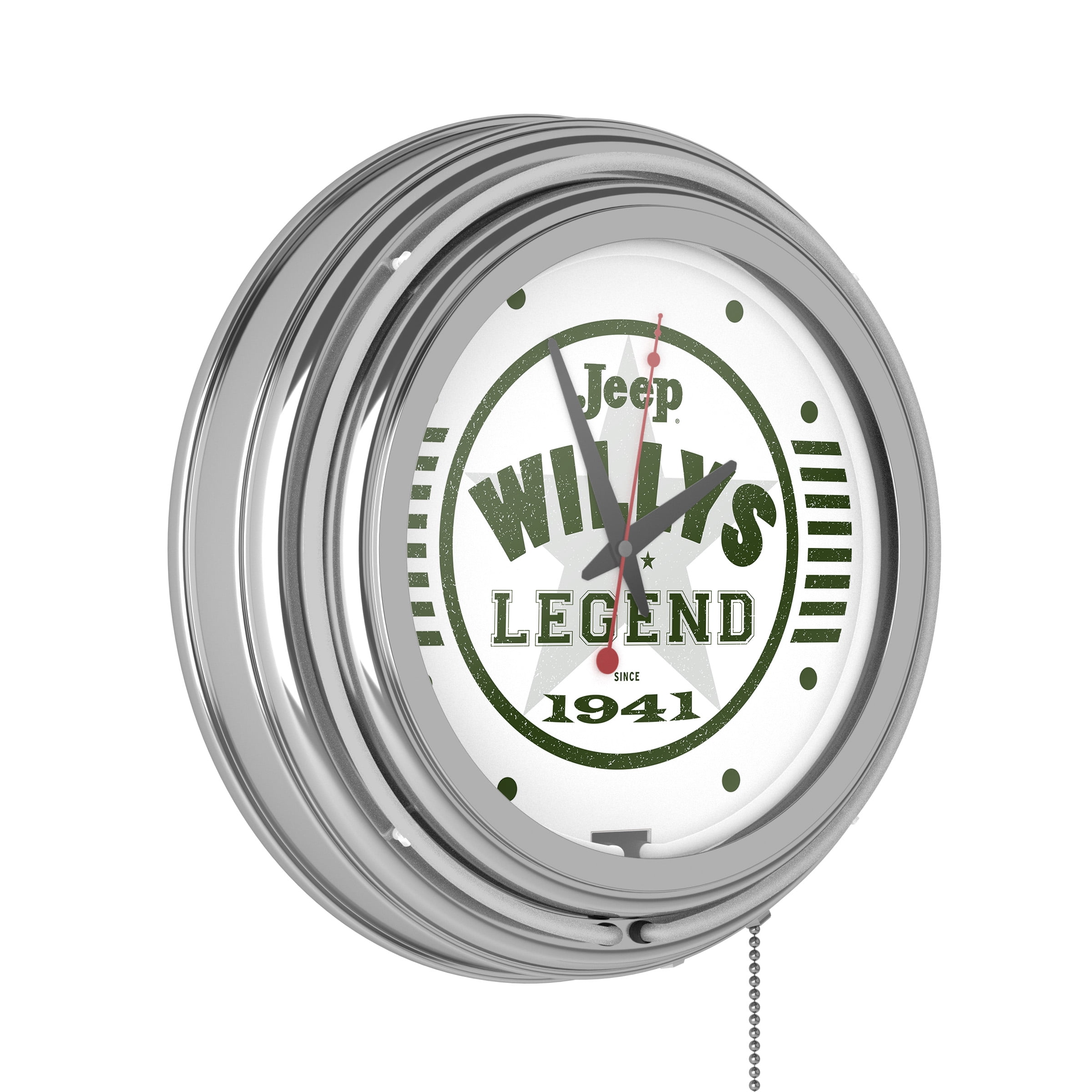 Neon Wall ClockJeep Willys Legend Green Double Rung Analog Clock with Pull ChainPub, Garage