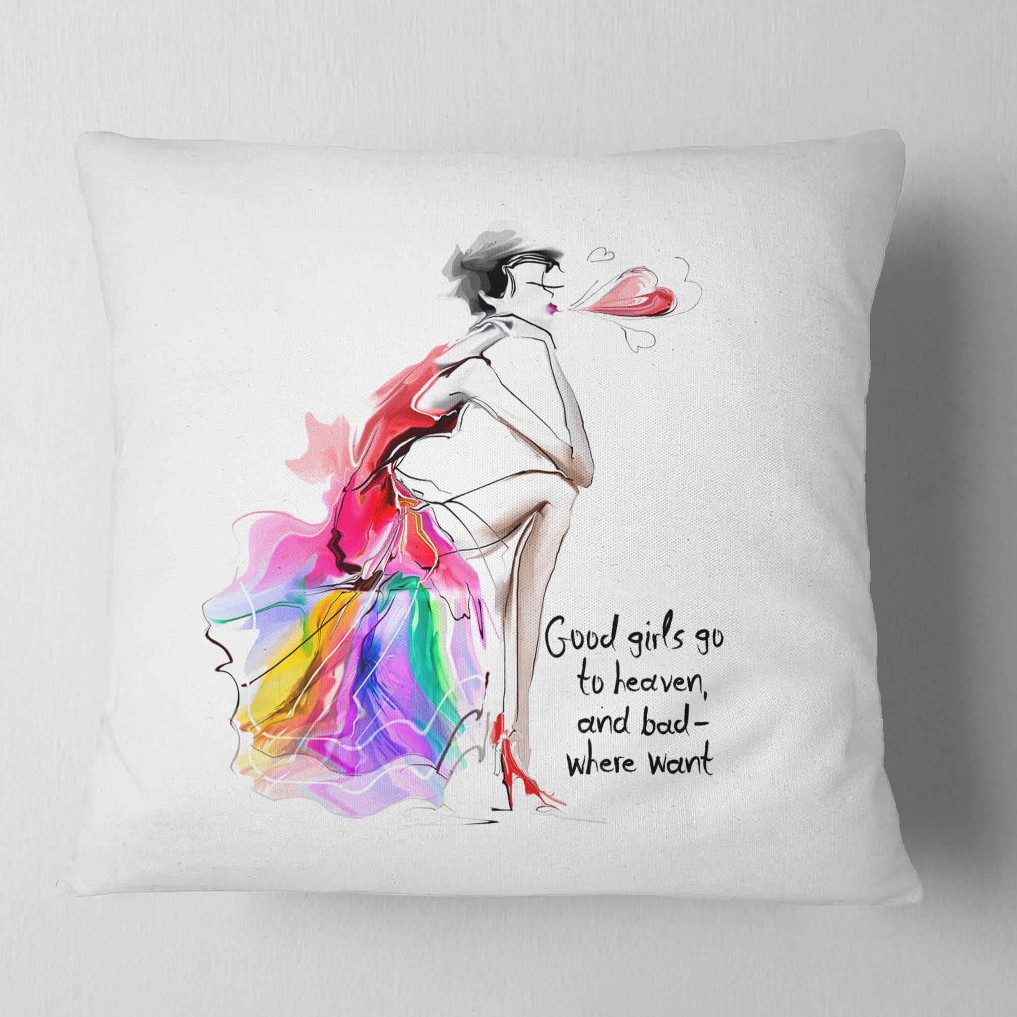 Designart Pretty Fashion Girl Pink - Abstract Portrait Throw Pillow - 18x18