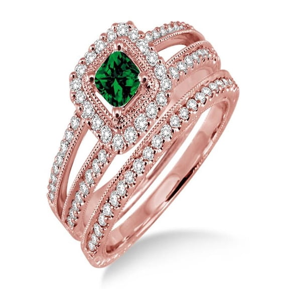 2 Carat Emerald & Diamond Antique Bridal set Halo Ring on 10k Rose Gold