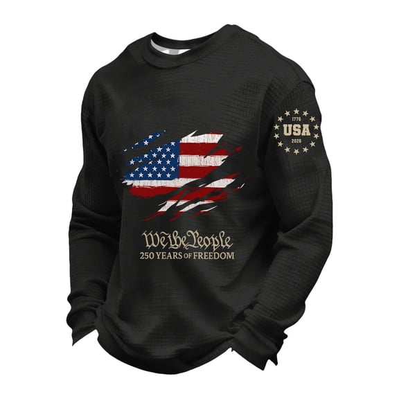 250 Year American Anniversary Shirt Men's Waffle Knit Sweatshirt Usa Flag Graphic Casual Top T-Shirt Comfortable Summer Shirts