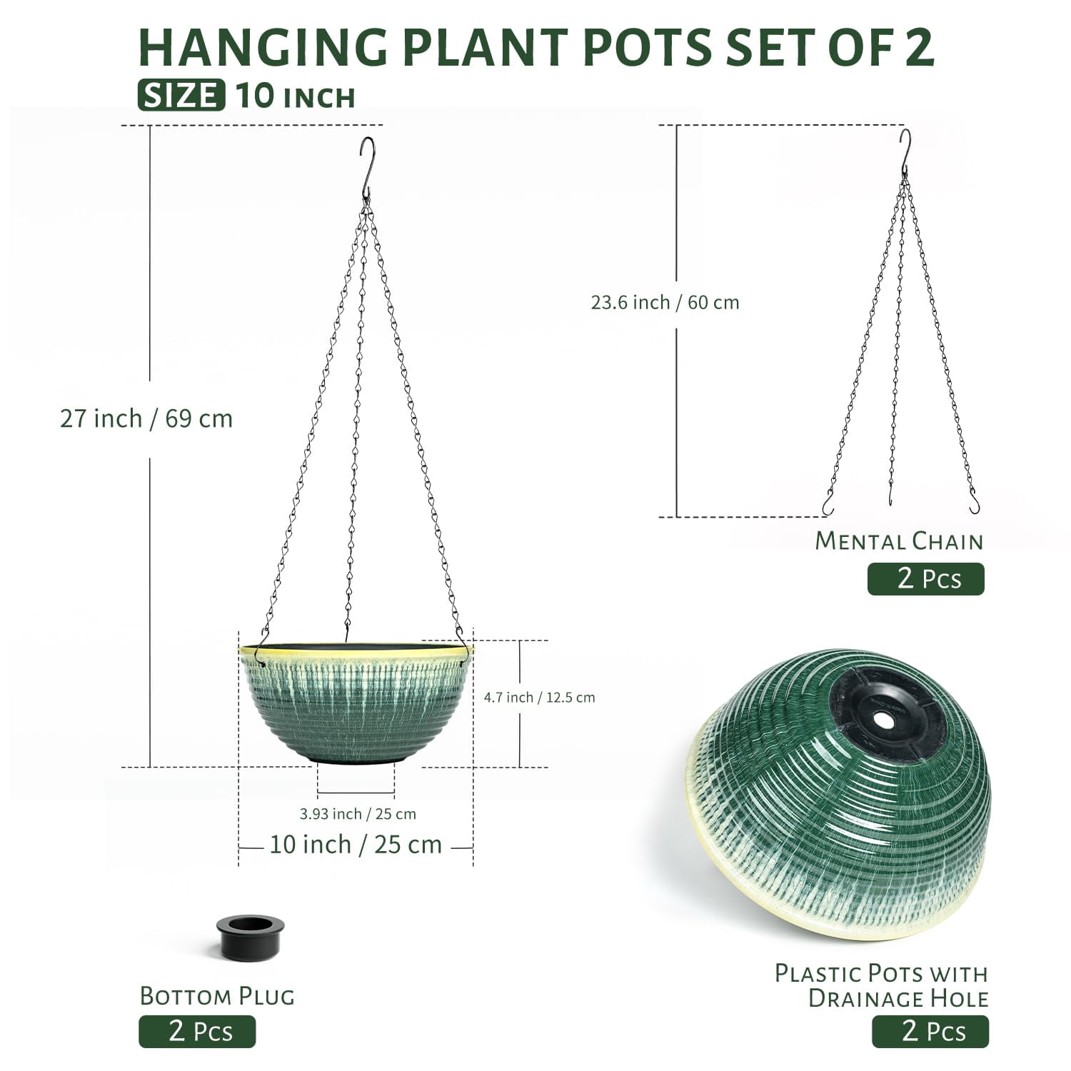 2 Pack Hanging Planters for Indoor Outdoor Plants, 10 Inch Hanging Planter with Drainage Hole & Plug Glazed Hanging Baskets Flower Pots for Garden Home (Green Glaze)