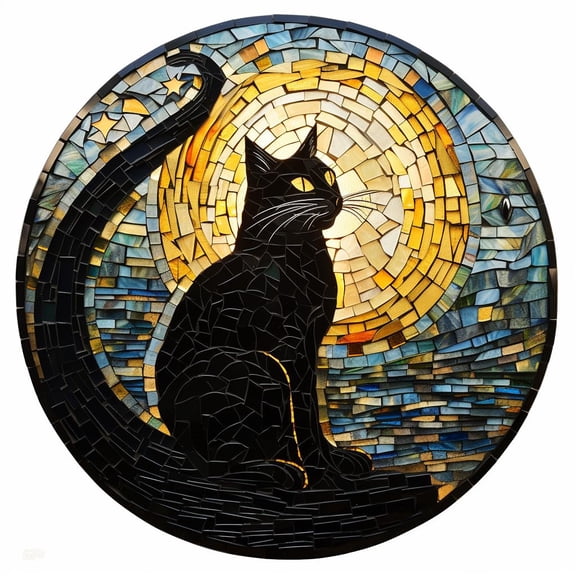 DIY Stamped Cross Stitch Kits Stained Glass Black Cat and Moon Circle Shape Beginners Easy 11CT Needlepoint Embroidery Counted Cross Stitch Kits Art Craft Wall Decor 35x35cm(9)