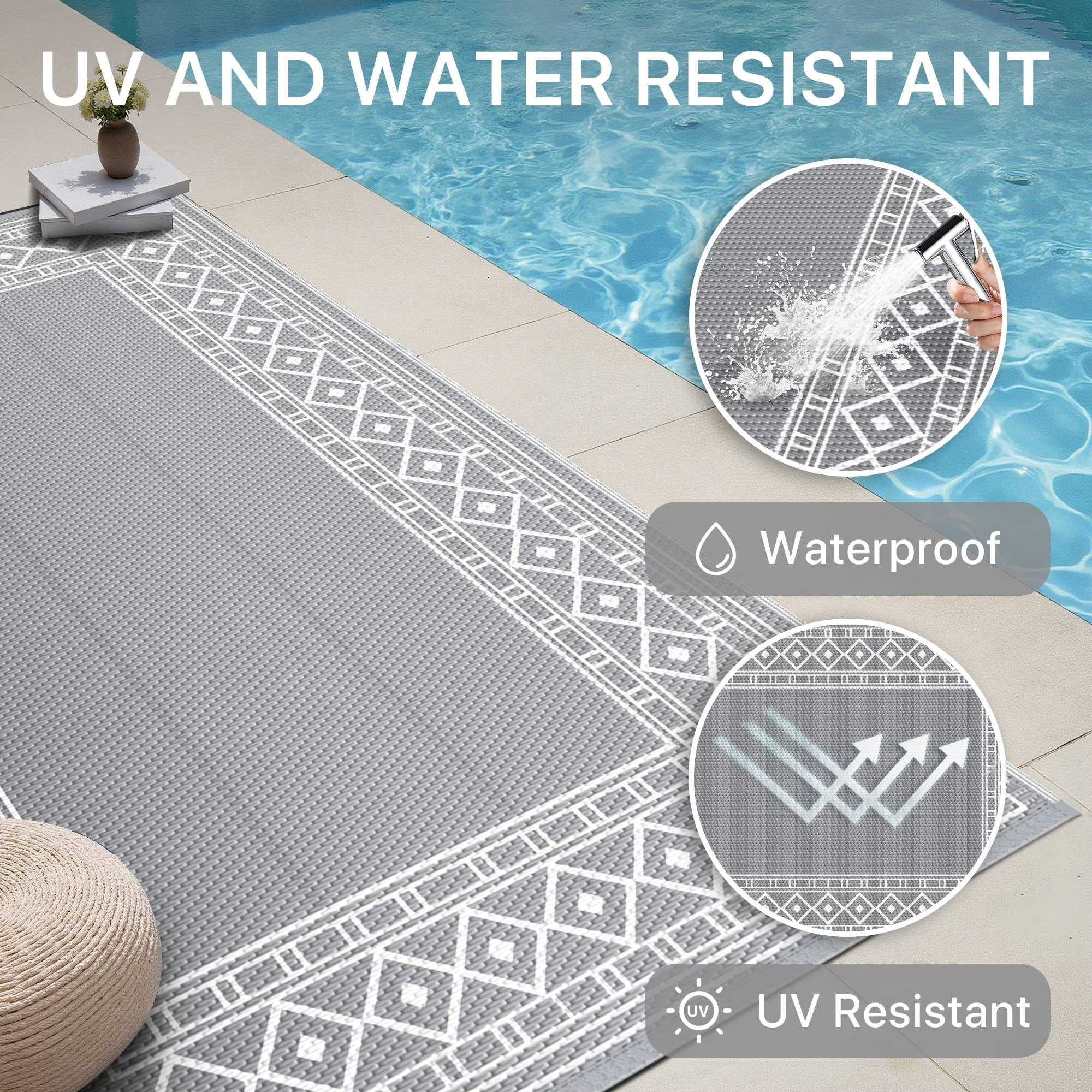 DEORAB Outdoor Rugs Waterproof Plastic Straw Camping Carpet Reversible Patio Outside Mat 9'x12',Grey & White
