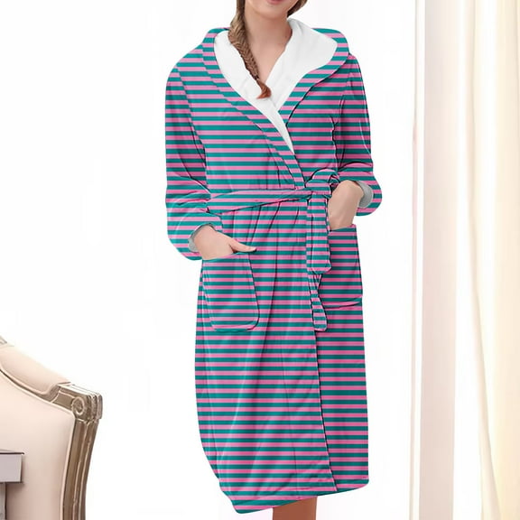 Zhi Women's Long Sleeve Striped Sherpa-Lined Robe - Patterned, Cozy Fabric, Winter & Sleep Wear,Purple