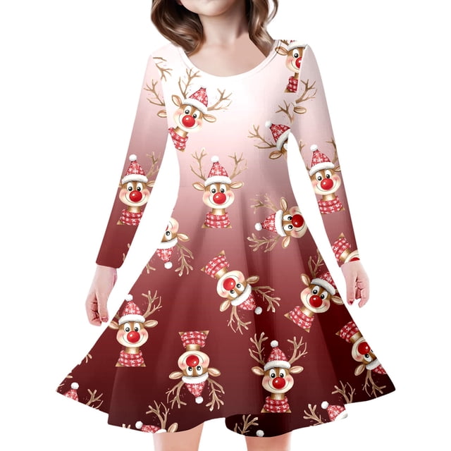 WEAIXIMIUNG Robe Bleue Enfants Filles Tout-Petits Arbres de Noël Imprimé Cerf Robe de Fête à Manches Longues 4-5 Ans