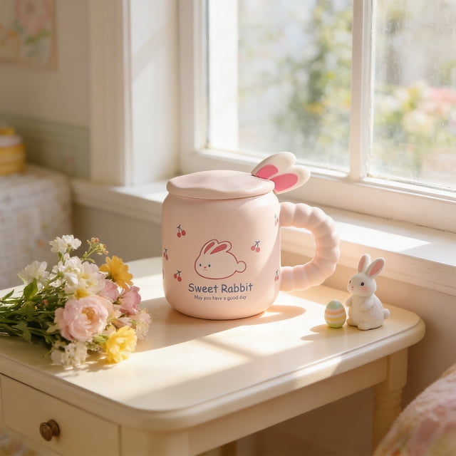 Sweet Bunny Easter Mug With Lid Spoon Gift Box Cute Ceramic Coffee Tea Cup For Easter Gifts Home Office Decoration