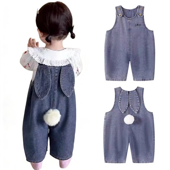 Toddler Baby Easter Outfit Denim Overall Pants for Boys Girls Romper with Bunny Ear Jeans Jumpsuit