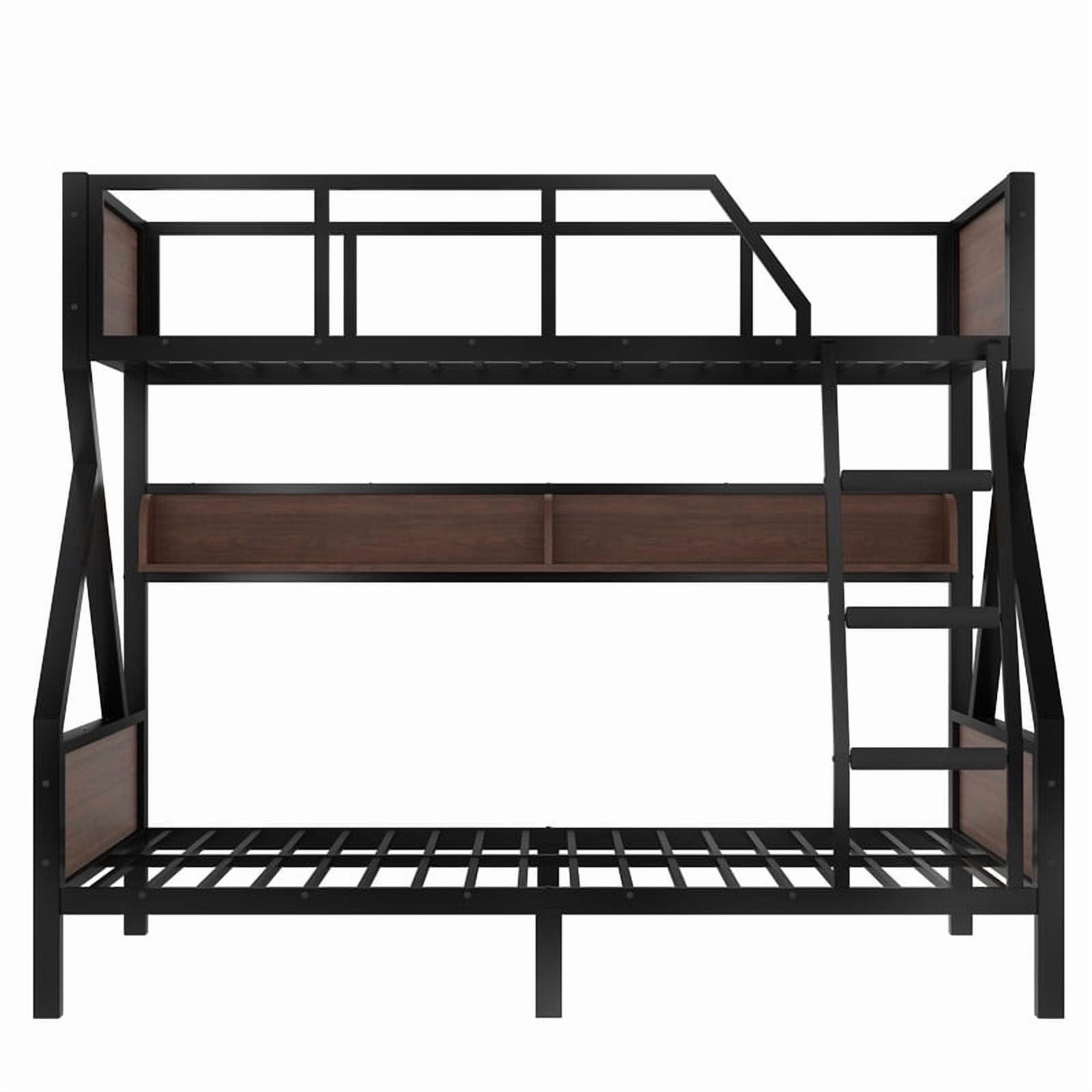 Twin over Full Size Metal Bunk Bed, Kids Teens Chic Bed Frame with Bedside Storage Shelves and LED Light Strip