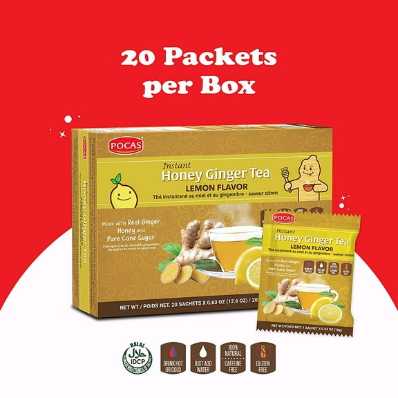 POCAS Instant Honey Ginger Tea Lemon Flavor, Caffeine Free Herbal Tea, 20 Sachets