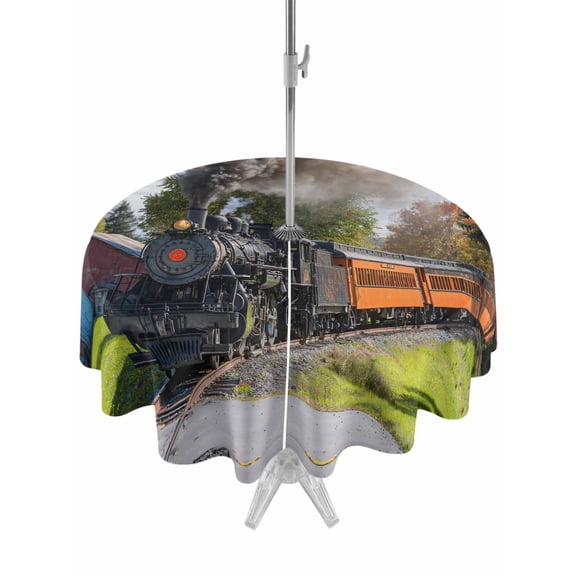Outdoor Tablecloth with Umbrella Hole and Zipper, Steam Train Round Table Cloth 54 Inch Waterproof Tablecloth, Railroad Country Barn Rustic Trees Farmhouse Picnic Table Cover for Patio Camping