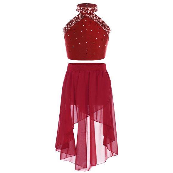 CHICTRY Kids Girls Two-Piece Lyrical Dance Outfits Latin Jazz Dance Leotard Dress Modern Ballet Dancewear Burgundy 10
