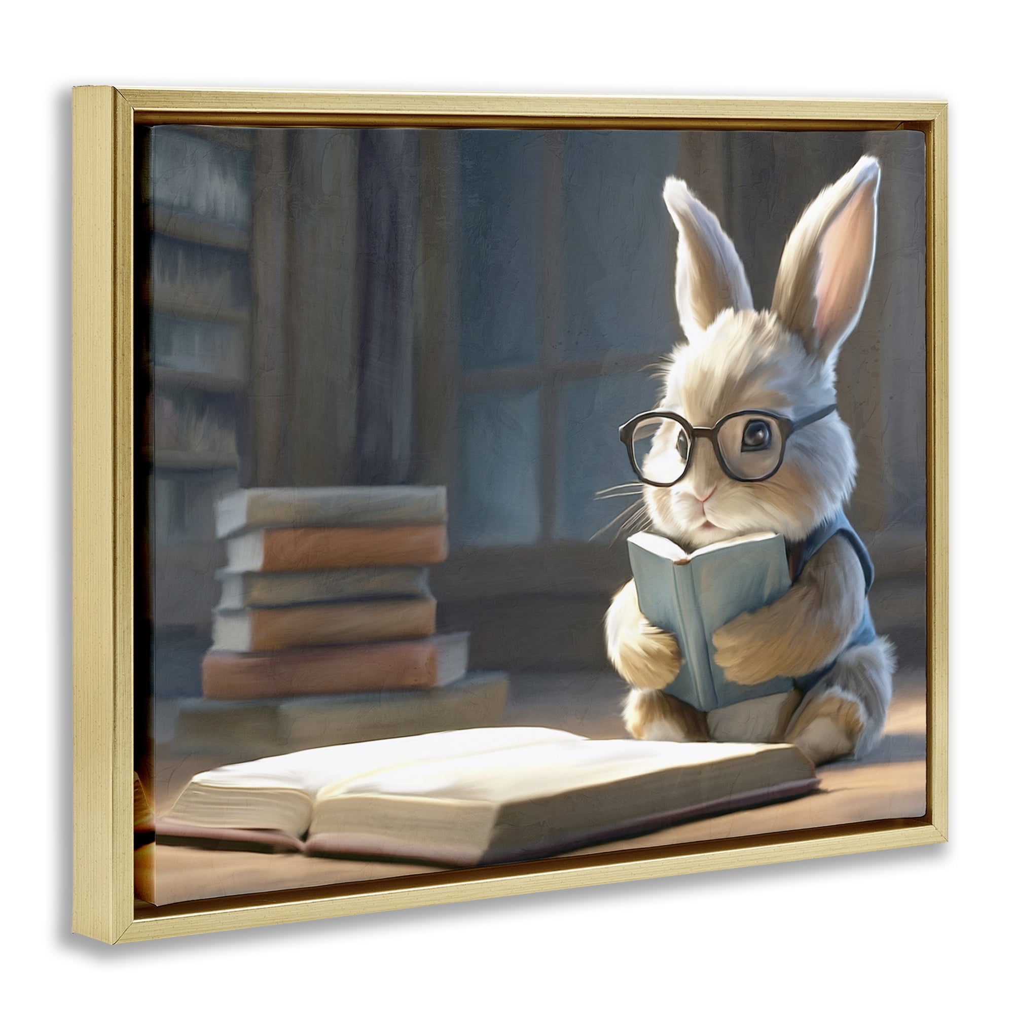 Stupell Industries Bookish Bunny at Desk Gold Framed Floater Canvas Wall Art, design by Kim Allen