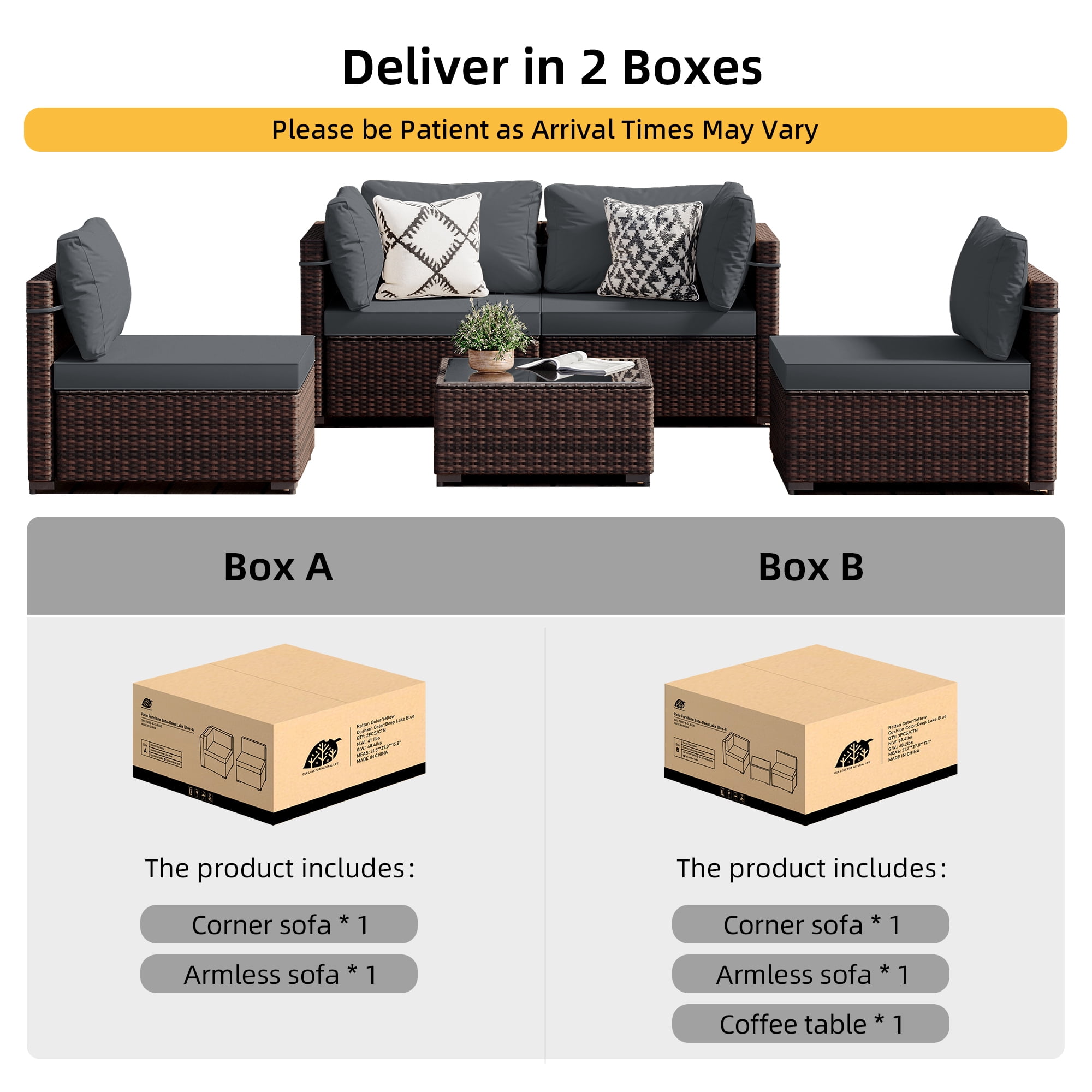 UPHA 5 Pieces Outdoor furniture Sets Patio Sectional Couch Wicker Conversation Sofa for Pools Outside, Gardens, Decks, Brown Rattan, Dark Gray Cushion