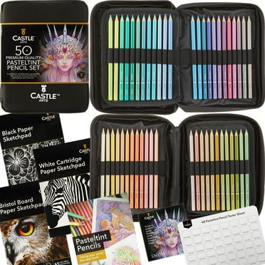 Castle Art Supplies 48 Pasteltint Colored Pencils Set With Extras Quality Colors In Softer Sumptuous Tones For Professional And Adult Artists