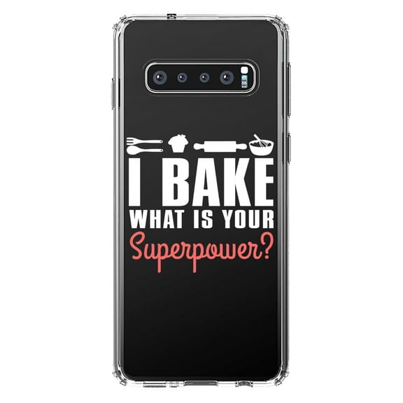 DistinctInk Clear Shockproof Hybrid Case for Samsung Galaxy S10  PLUS (6.4" Screen) - TPU Bumper Acrylic Back Tempered Glass Screen Protector - I Bake What is Your Superpower