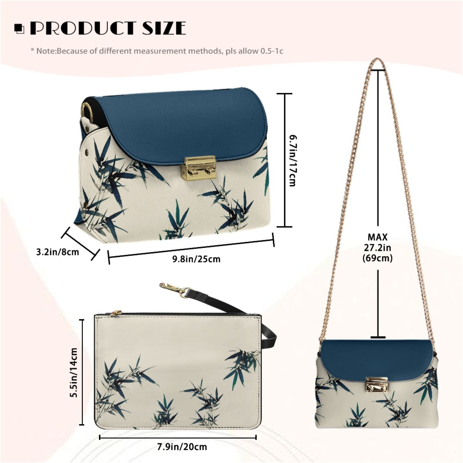SCRAWLGOD Bamboo Print Beige Dark Blue Crossbody Purses for Women Trendy Crossbody Bags Cell Phone Camera Leather Shoulder Handbags with Metal Buckle