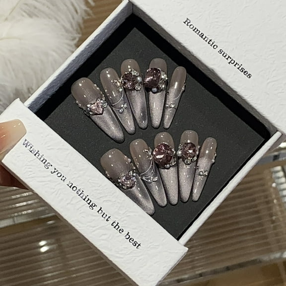 Big Fake Diamond Handmade Press on Nails for Women Sparkle Pegeant Cool Extra Long Stiletto Gray Fake Nails