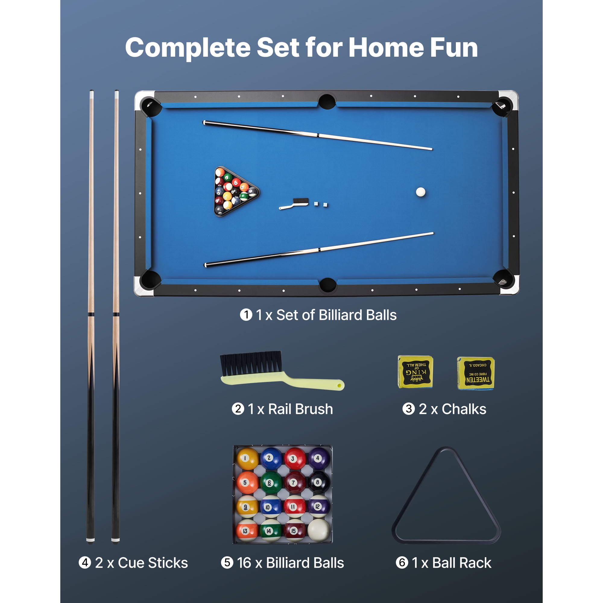 KFFKFF 8 ft Portable Billiards Table with Wood Finish, Adjustable Feet, Includes Balls, Cues, Rack, Chalks, Brush, and Blue Cloth, Ideal for Family Fun and Recreation Rooms